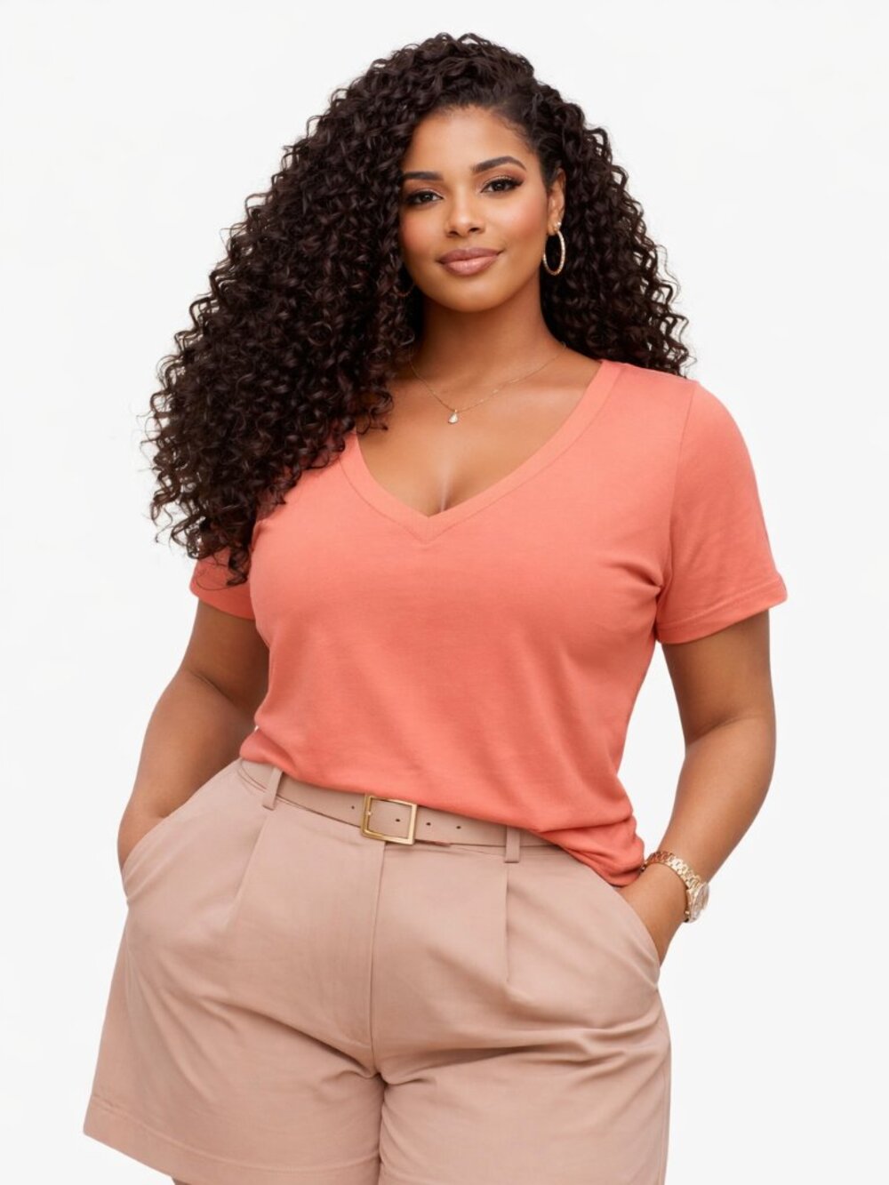 Women’s 3/4 Sleeve V Neck Tops Loose Fit T Shirt, CORAL, Size Small